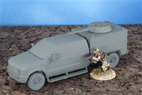 28mm Modern T350G 1/50 scale resin model gun truck with metal wheels and side mirrors next to miniature figure