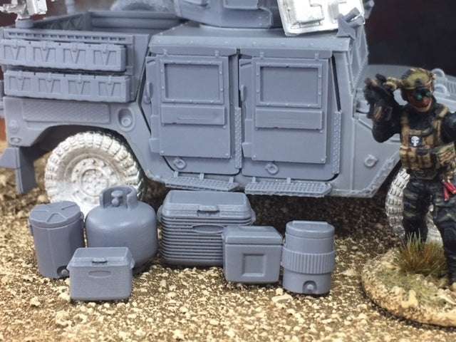 28mm set of five coolers and one propane tank miniature accessories with military vehicle background