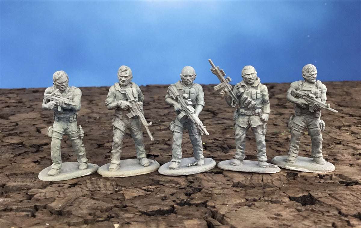28mm unpainted modern Sicarios miniatures with rifles on cracked earth background