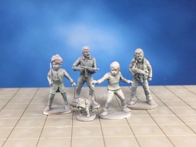 28mm Modern Timmy's Journey metal miniature figures set for Pulp Gaming including four characters and a dog on a tiled surface.