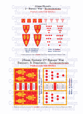 Sheet of 28mm historic war banners featuring heraldic symbols of Peter de Aigueblanche, Bishop of Hereford, and Walter de Cantilupe, Bishop of Worcester.
