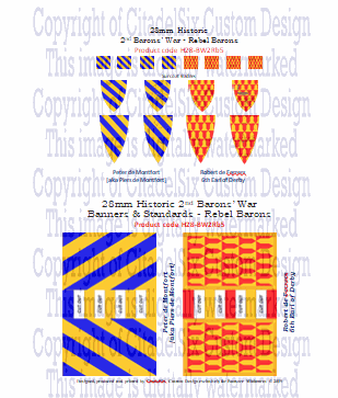 Heraldic banners of Peter de Montfort and Robert de Ferrers, 6th Earl of Derby, featuring blue and gold diagonal stripes and red with gold motifs.
