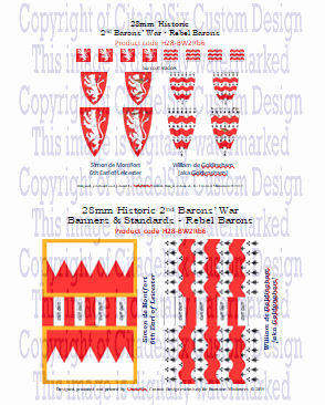 Heraldic banners and standards of Simon de Montfort, 6th Earl of Leicester, and William de Goldingham, featuring red and white medieval designs.