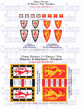 Heraldic shields of Richard Earl of Cornwall and John FitzAlan, 6th Earl of Arundel, 3rd Lord of Oswestry and Clun, 23mm historic barons' war royalists insignia