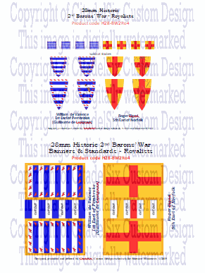 28mm historic 2nd Barons' War banners and standards featuring William de Valence and Roger Bigod heraldry