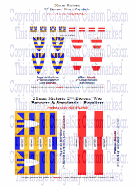Heraldic banners and standards of Roger de Mortimer, 1st Baron Mortimer, Lord Wigmore, and William Maudit, 8th Earl of Warwick, from the 28mm 2nd Barons' War Royalists set