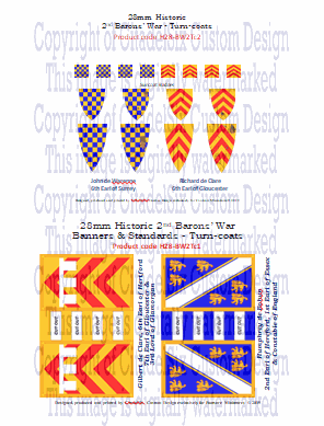Historic 28mm heraldic banners and turn-coats featuring Gilbert de Clare and Humphrey de Bohun crests from 2nd Barons' War collection