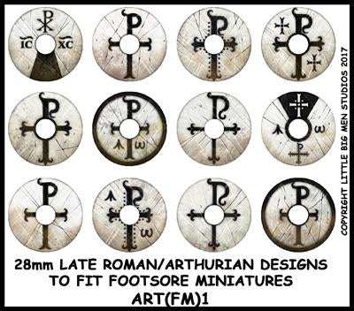 Sheet of 12 Late RomanArthurian shield transfers for 28mm Footsore Miniatures oval shields with application instructions