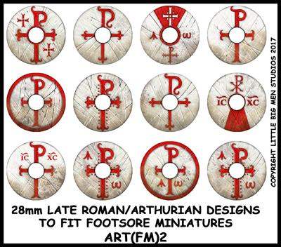 Late Roman Arthurian shield transfer sheet with 12 detailed designs for 28mm Footsore Miniatures oval shields