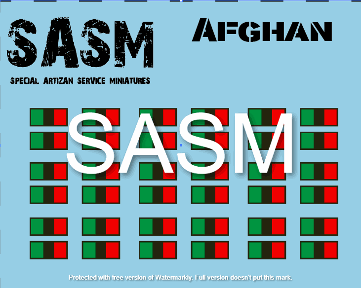 28mm Afghan Decals sheet featuring small Afghan flags for Special Artizan Service Miniatures (SASM)