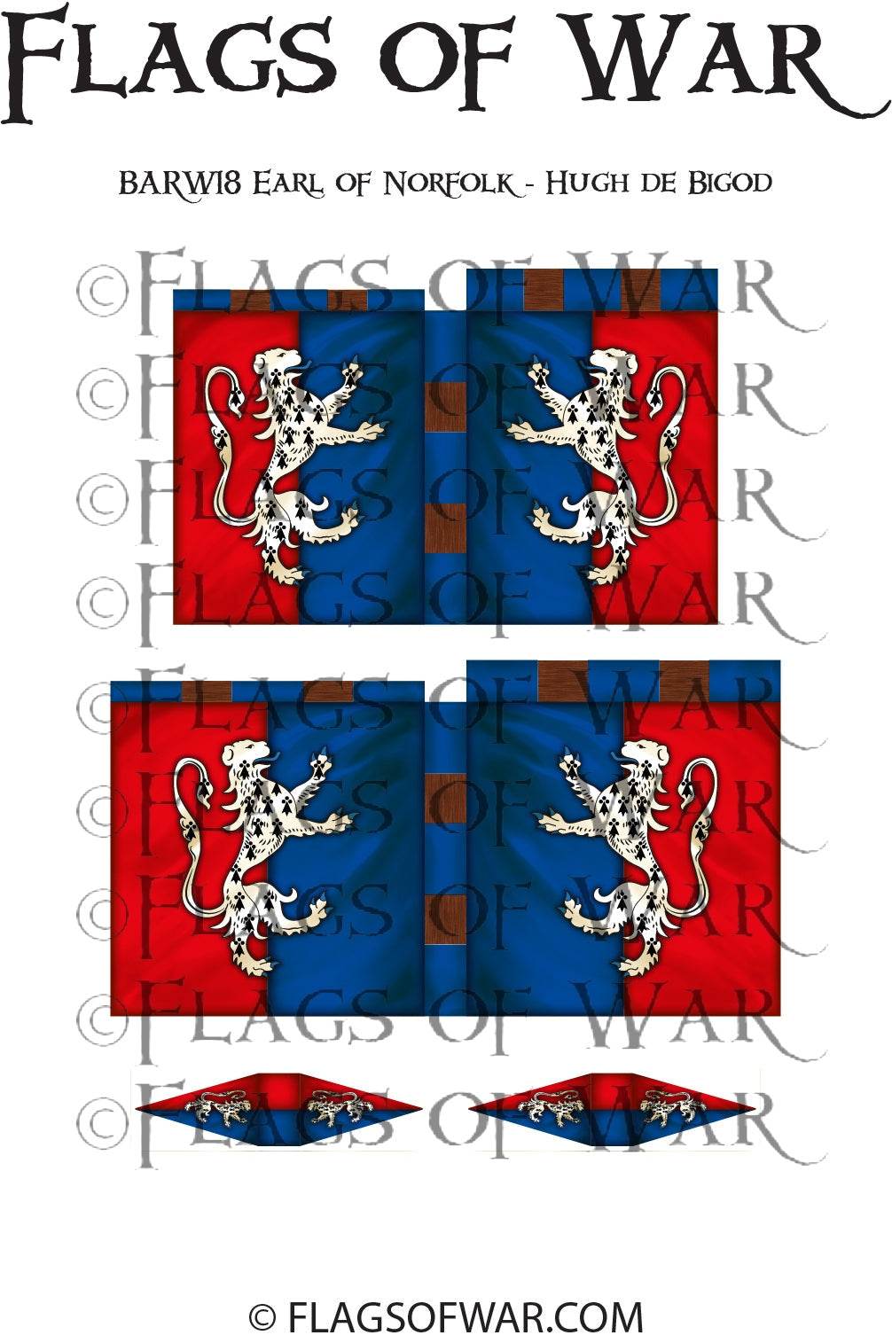 BARW18 Earl of Norfolk Hugh de Bigod 28mm flag with red and blue quarters featuring white lions for Barons' War range