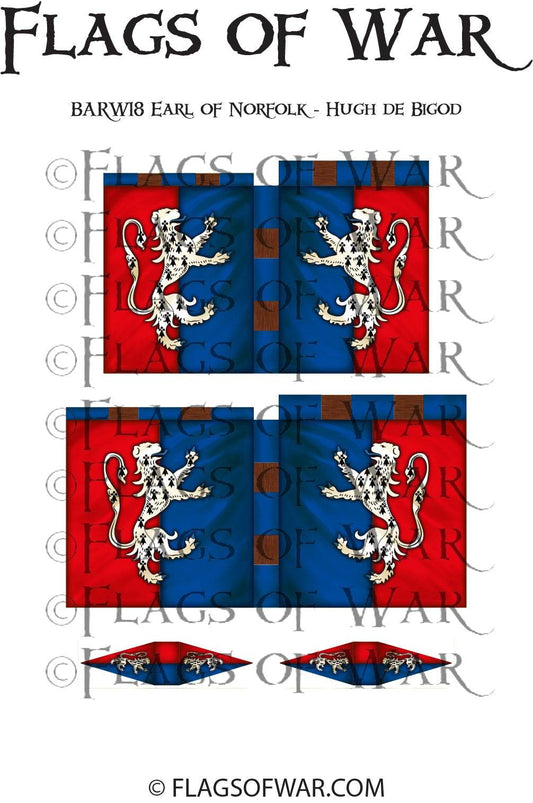 BARW18 Earl of Norfolk Hugh de Bigod 28mm flag with red and blue quarters featuring white lions for Barons' War range