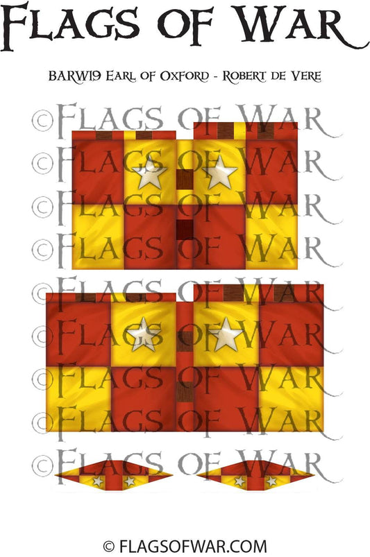 EARL OF OXFORD flag with red and yellow checkered pattern and white stars for Barons' War range