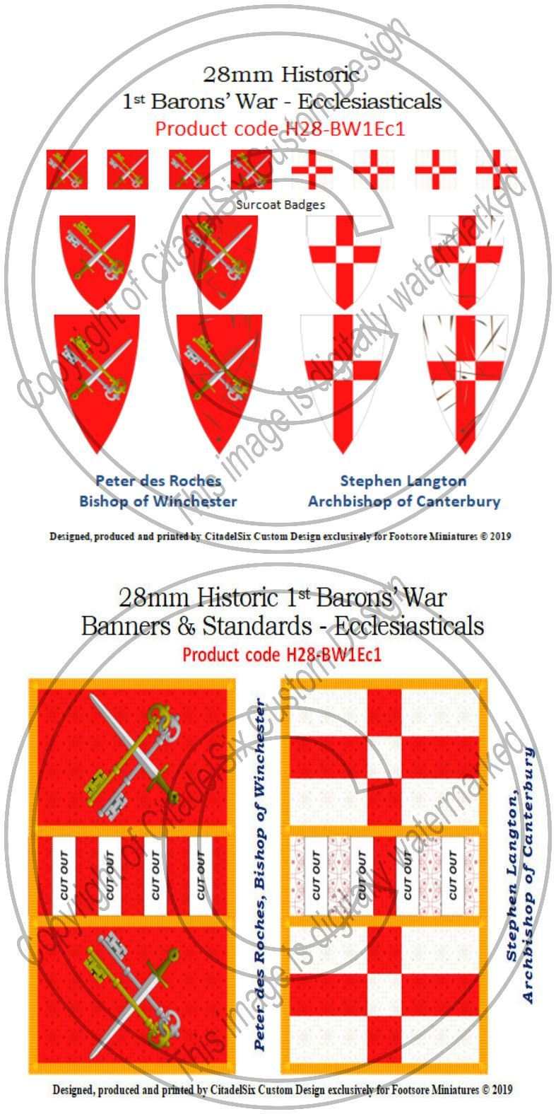 Stephen Langton and Peter des Roches Ecclesiastical banners and decals set with shields, surcoat badges, and adhesive-backed flags for 28mm historic 1st Barons' War figures