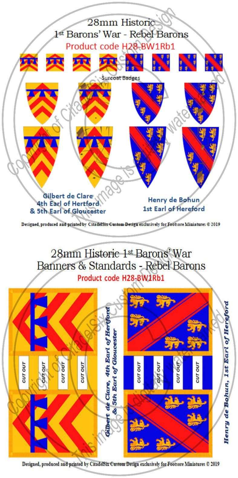 Gilbert de Clare and Henry de Bohun banners and decals set for 28mm 1st Barons' War miniatures with shields and surcoat badges