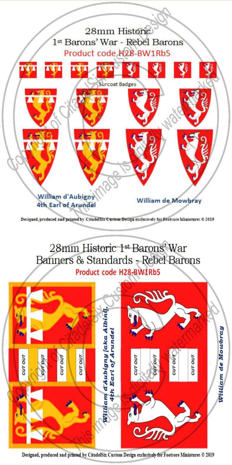 William d'Aubigny and William de Mowbray historic 28mm banners and decals with battle-damaged shields and surcoat badges for 1st Barons' War Rebel Barons game use