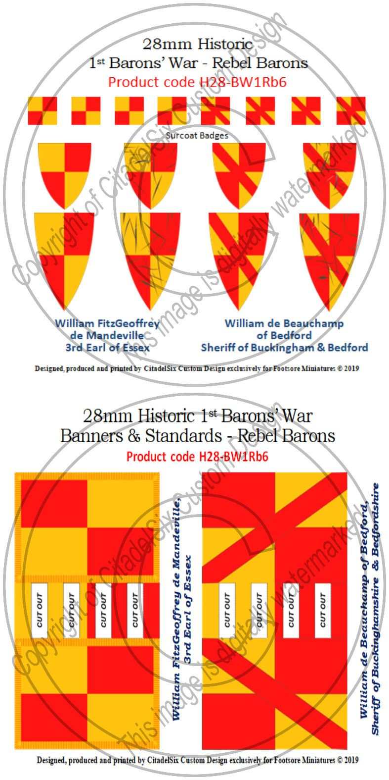 William FitzGeoffrey de Mandeville and William de Beauchamp banners and decals set for 28mm historic 1st Barons' War models