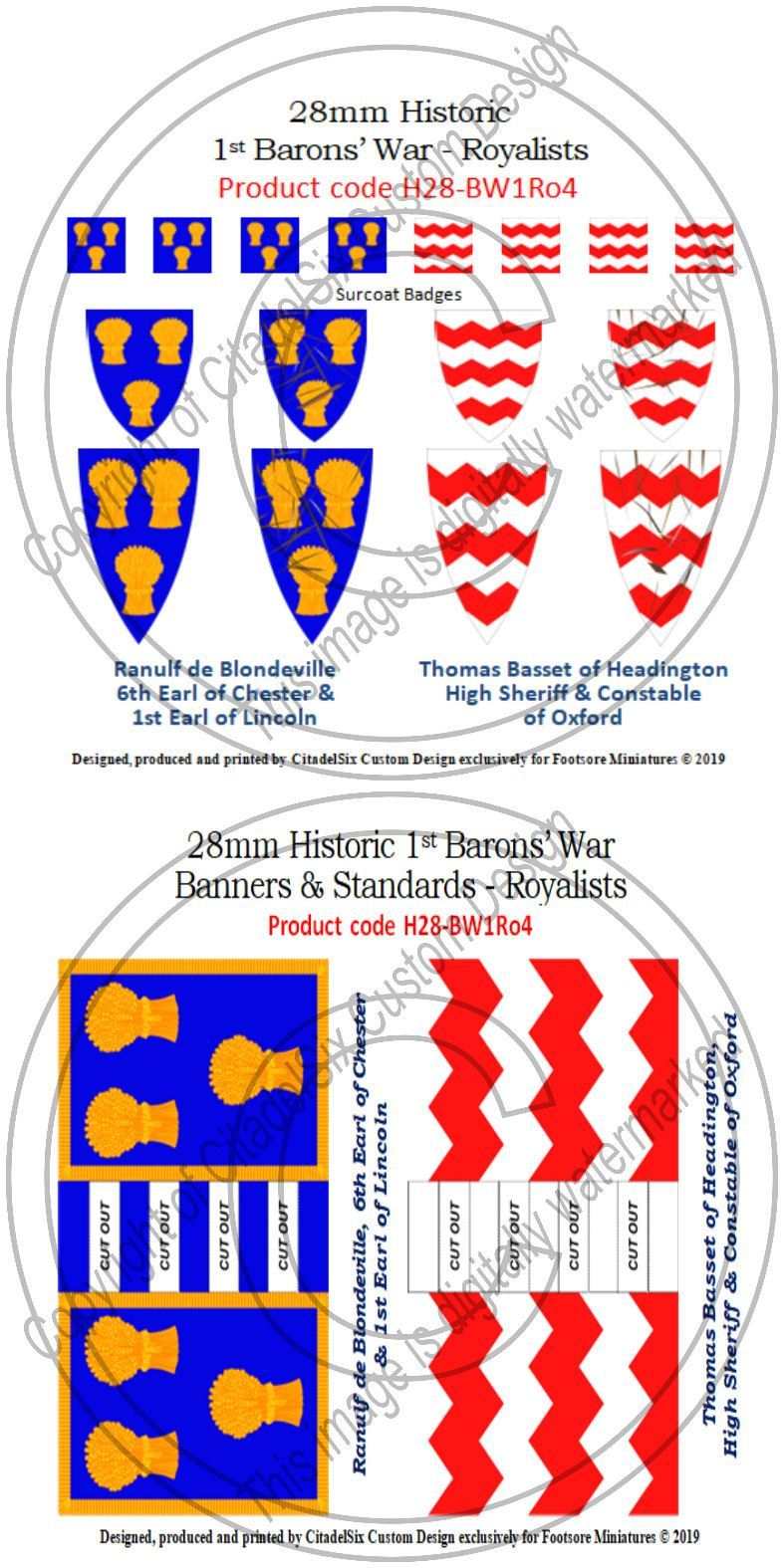 Historic 28mm Ranulf de Blondeville and Thomas Basset banners and decals set for 1st Barons' War Royalists with shields and surcoat badges