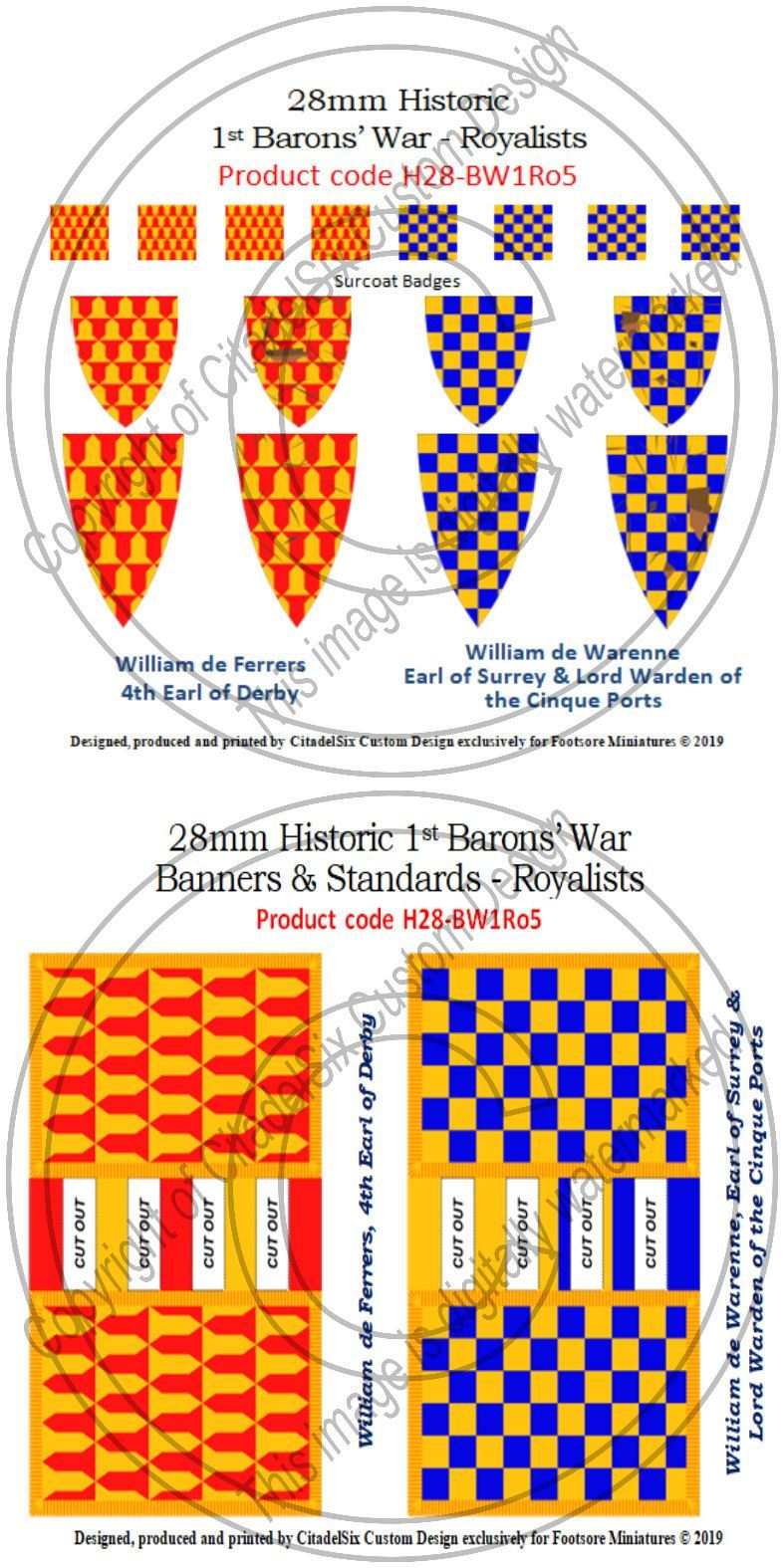 William de Ferrers and William de Warenne banners and decals set for 28mm historic 1st Barons' War Royalists with shields and surcoat badges