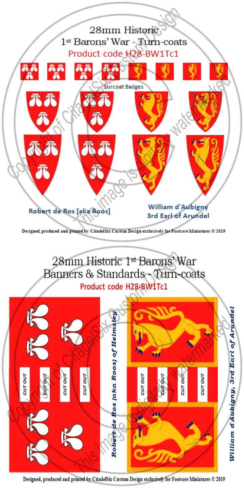Robert de Ros and William d'Aubigny 28mm banners and decals set with shields and surcoat badges for 1st Barons' War turn-coats