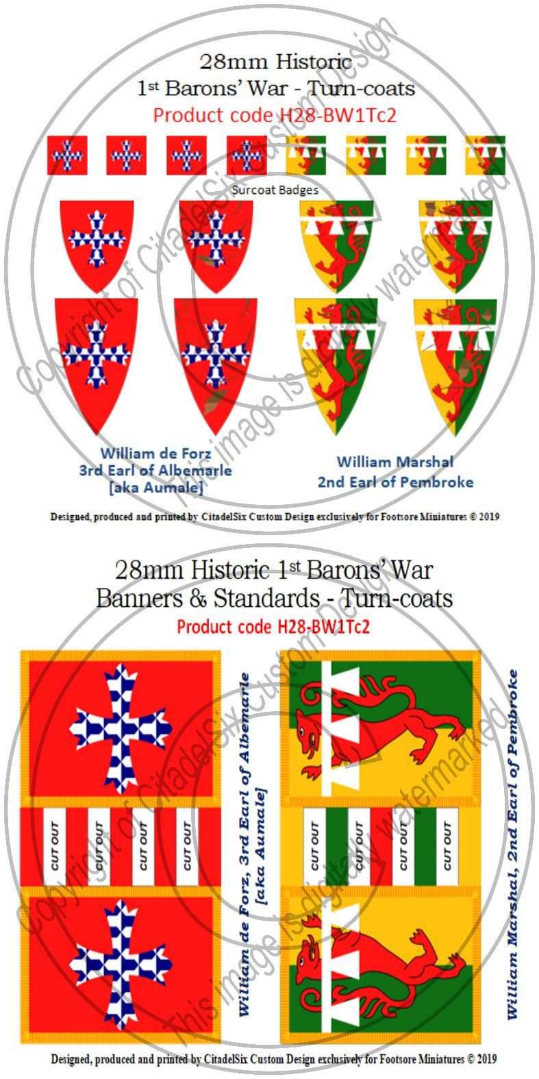 William de Forz and William Marshal jnr historic 28mm banners and decals set with shields and surcoat badges for 1st Barons' War turn-coats