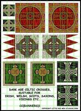 Sheet of Dark Age Celtic Crosses banners for Irish, Welsh, Scots, Saxons, and Vikings with application instructions