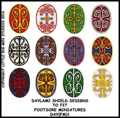 Daylami Arab Shield Transfer sheet with 12 colorful shield designs for Footsore Miniatures with application instructions