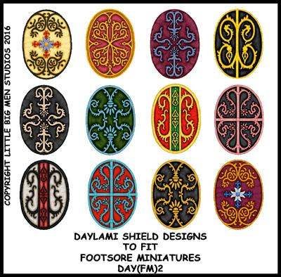 Daylami Arab shield transfer sheet with 12 decorative shield designs for Footsore Miniatures, includes application instructions.