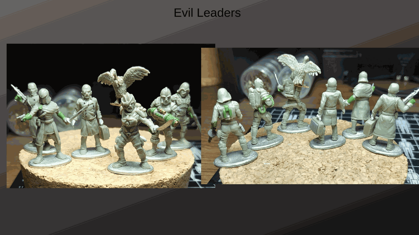 Set of six 28mm evil leaders miniature figures with detailed armor and accessories displayed on a cork base.