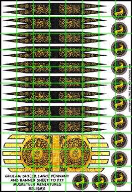 Ghulam Shield sheet with 12 shield transfers, 9 lance pennants, and 1 banner for Footsore Miniatures small round Arab shields