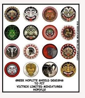 Set of 16 Greek Hoplite shield designs for Victrix limited range miniatures with intricate patterns and symbols