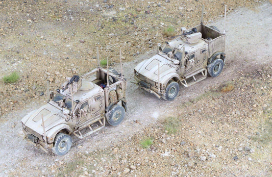 1/50 scale 28mm L-ATV military model with detailed turret variants on desert terrain