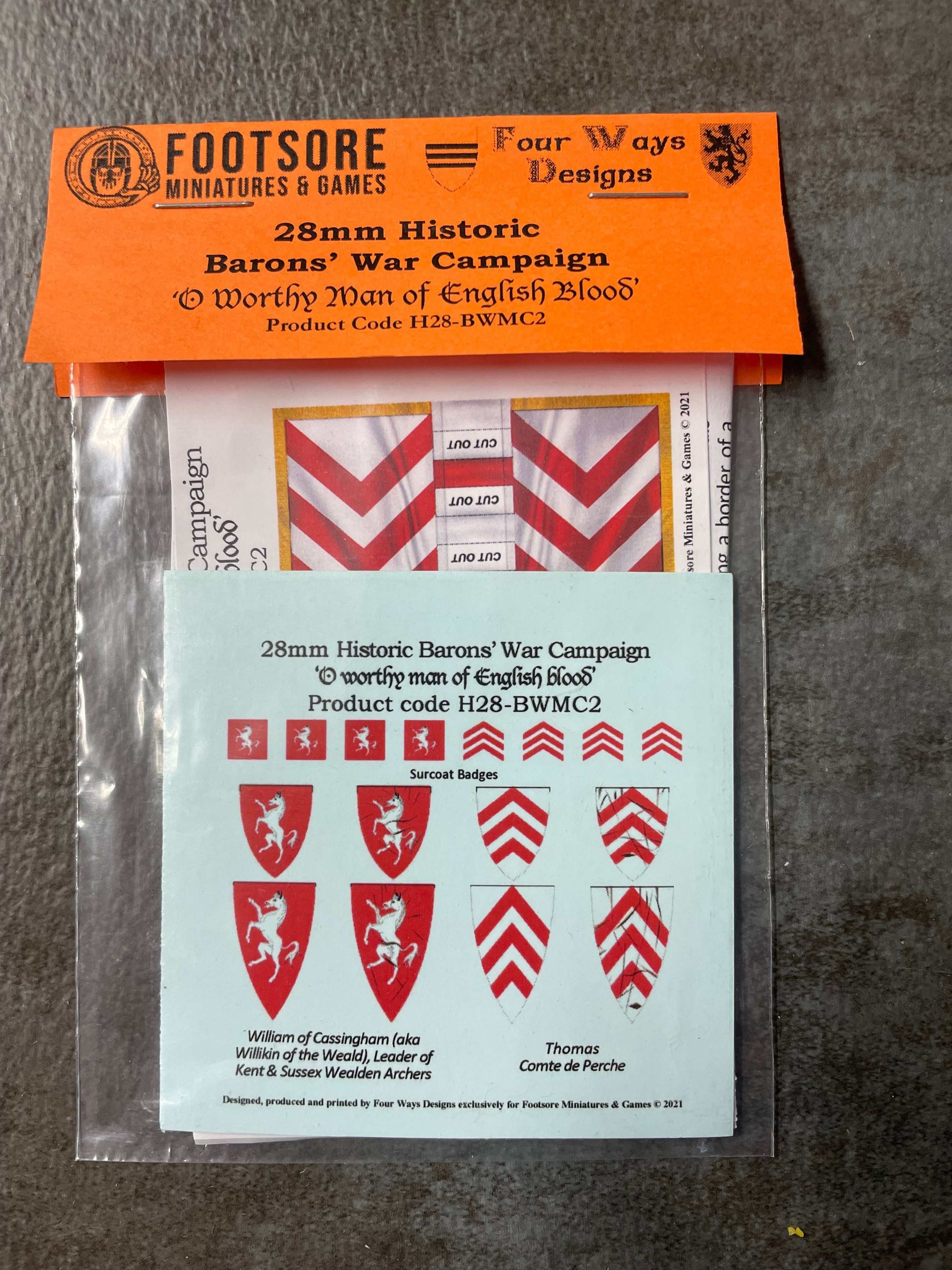 O Worth Man of English Blood decals and banners set for 28mm historic Barons' War campaign with shields and surcoat badges