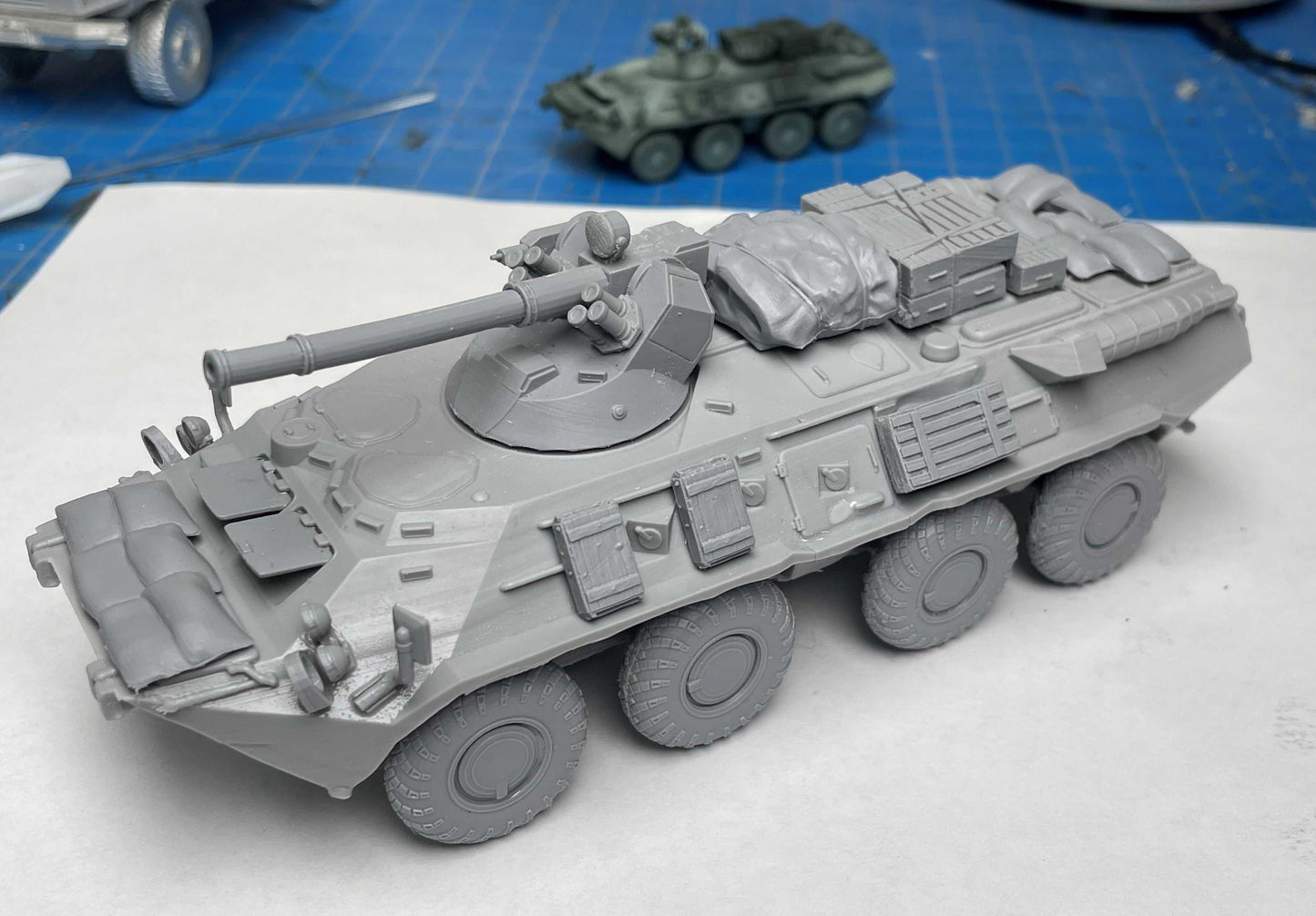 28mm scale resin model of a BTR-82 armored vehicle with detailed stowage accessories