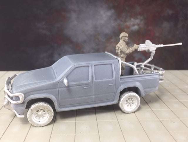 28mm Modern Tilux Truck resin model with metal wheels, side mirrors, front bumper, weapon mount, and rear cargo cage with soldier figure.