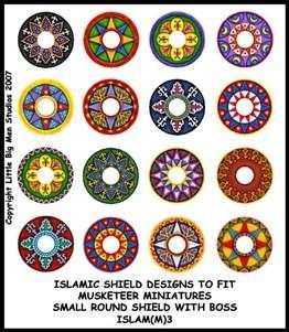 Sheet of 12 colorful Arab Shield Transfers for small round miniature shields with detailed Islamic designs.