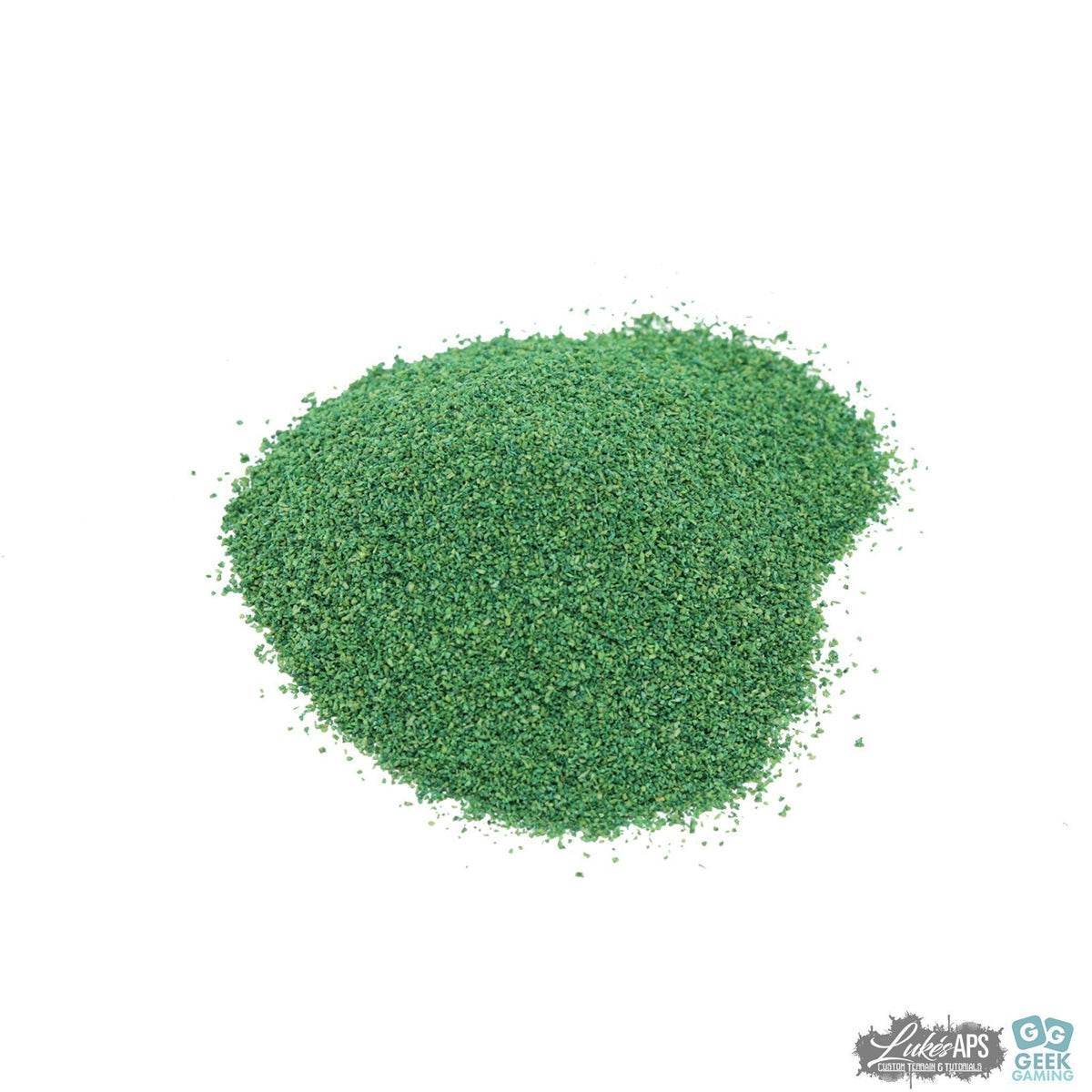 Fine dark green dyed sawdust scatter for wargaming and model scenery with durable, colorfast finish, approx. 40g.