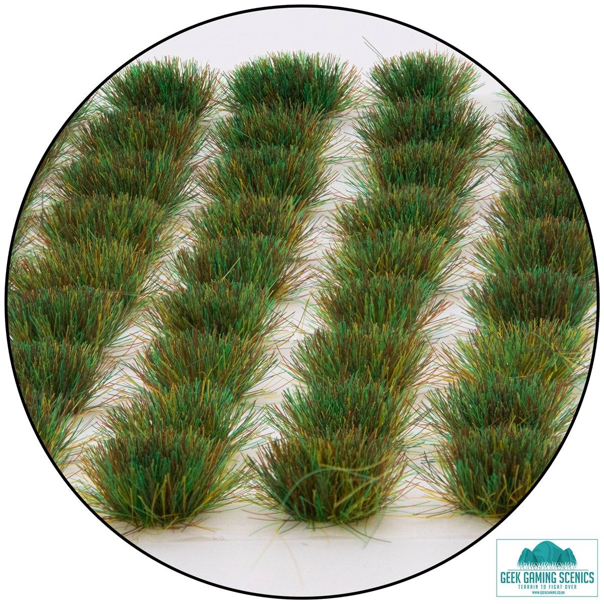 Lukes APS Spring 6mm Self Adhesive Static Grass Tufts in green and brown, arranged in rows, ideal for model bases and dioramas.