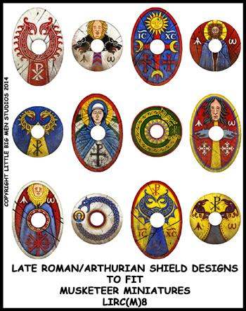 Late RomanArthurian shield transfer sheet with 12 detailed shield designs for miniature models