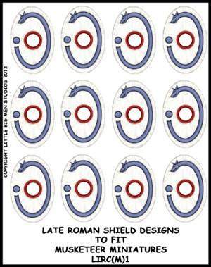 Sheet of Late Roman shield transfer decals with 12 oval shield designs for miniature models