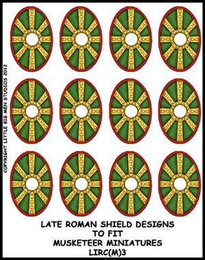 Late Roman shield transfer sheet with 12 green and yellow oval shield designs for miniature footsoldiers