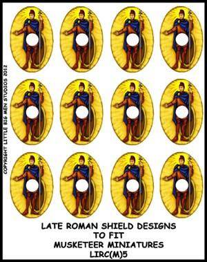 Sheet of 12 Late Roman shield transfers for Footsore Miniatures with detailed warrior designs and application instructions
