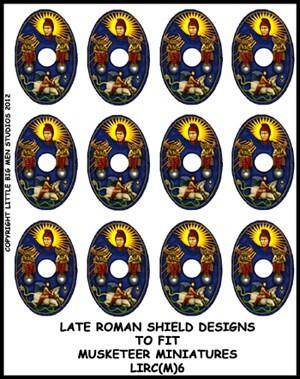Sheet of Late Roman shield transfers for Footsore Miniatures oval shields with 12 detailed designs and application instructions