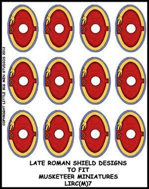 Sheet of 12 Late Roman shield transfers for Footsore Miniatures with red oval designs and yellow details