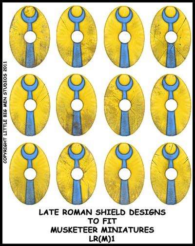 Sheet of 12 Late Roman Shield Transfers with yellow and blue designs for miniature shields