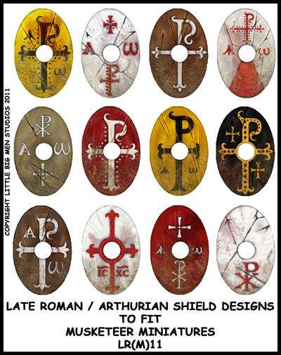 Sheet of 12 Late RomanArthurian shield transfers for Footsore Miniatures oval shields with detailed historic designs and application instructions.