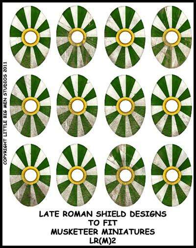 Sheet of 12 Late Roman shield transfers with green and white designs for Footsore Miniatures oval shields