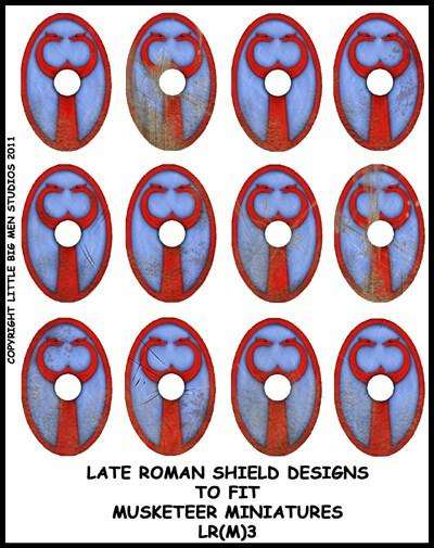 Late Roman shield transfer sheet with 12 oval shield designs for miniatures