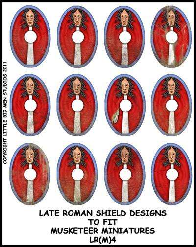 Sheet of twelve Late Roman shield transfers for Musketeer Miniatures with red and blue oval designs featuring a historical face motif