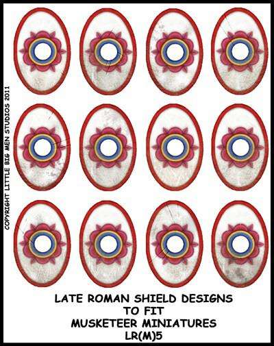 Late Roman shield transfer sheet with 12 oval shield designs for Footsore Miniatures including application instructions.